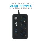Akım Korumalı Priz, 3x Priz Soketi, 2x USB Girişi, 1x Type-C Girişi, Tasarruflu Uzatma Kablosu, Çocuk Korumalı Adaptör (2 Metre) - Görsel 3